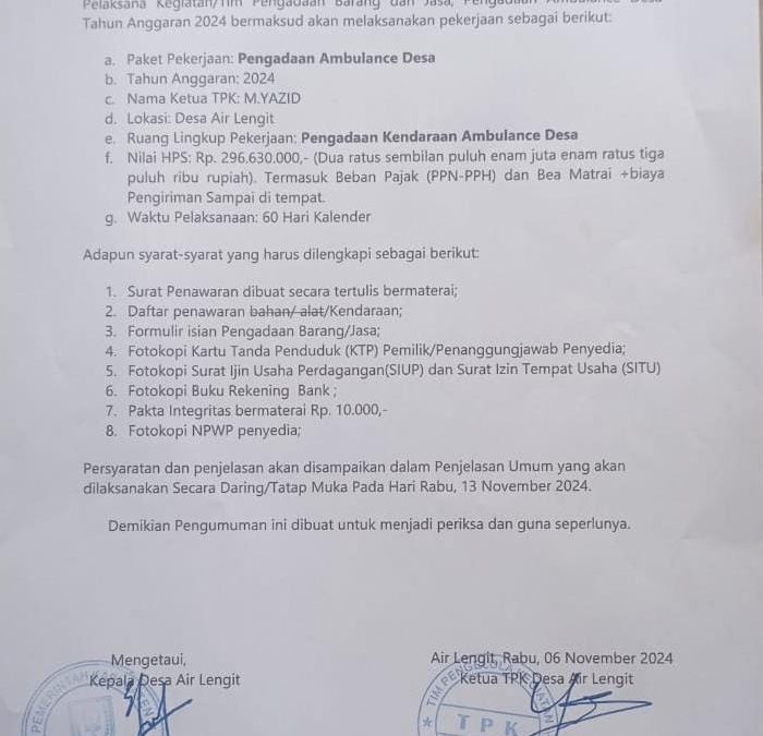 PENGUMUMAN LELANG PENGADAAN AMBULANCE DESA TAHUN 2024